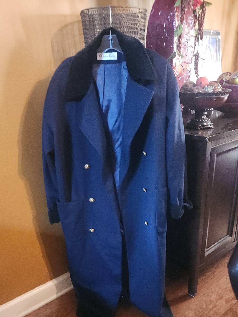 Christian Dior Double-Breasted Navy Pea Coat with Black Contrast Collar